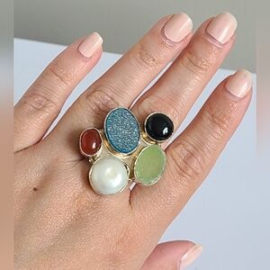 Vintage Boho Chunky Pearl Druzy Onyx Carnelian Green Sterling Silver Ring 8